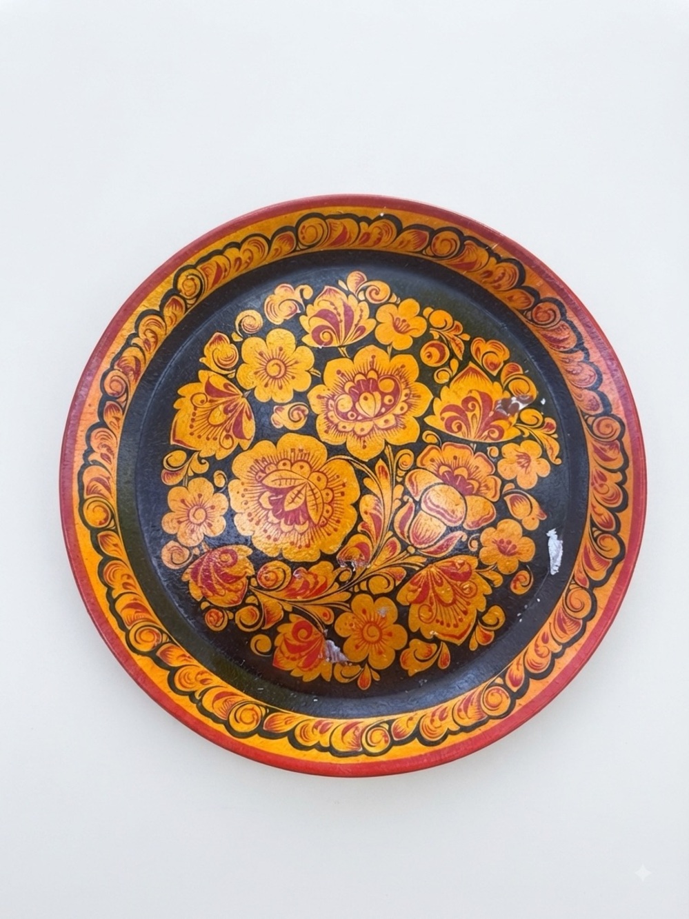 Vintage 1980s Soviet Khokhloma Hand-Painted Wooden Platter Tray 14”